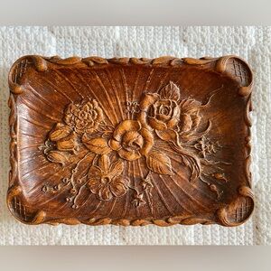 Vintage Resin Faux Wood Carved Floral Dish